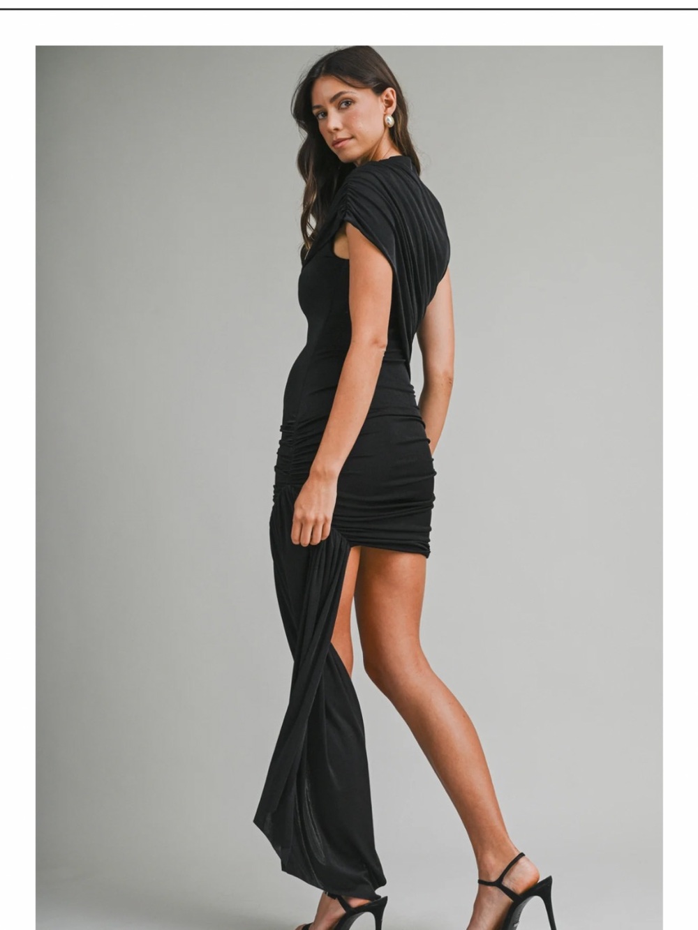 Black Asymmetrical Draped Mini Dress with Long Side Sash
